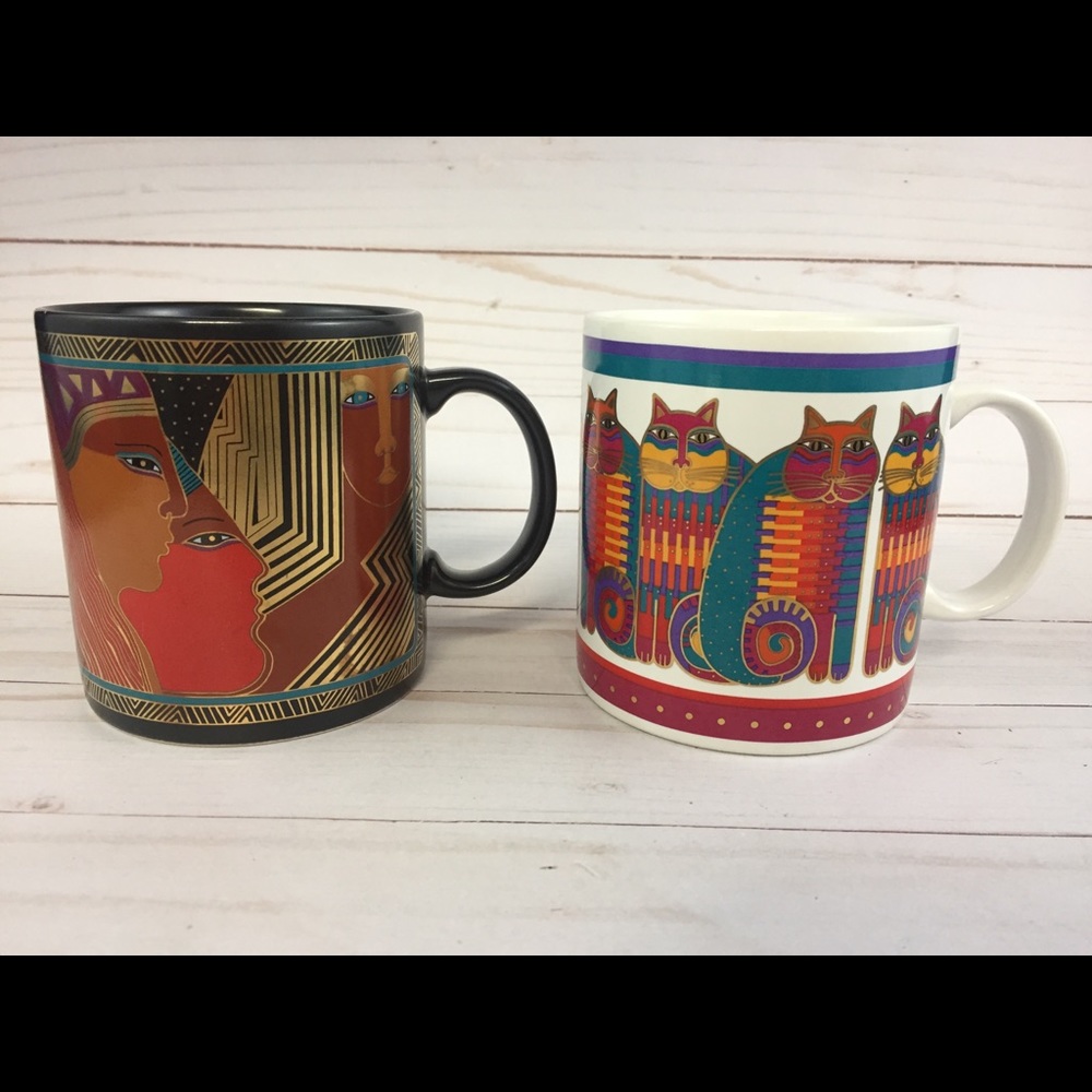 2 VTG Laurel Burch Coffee Mugs 1988 Ancient Ancestors Rainbow Cat Cousins Japan